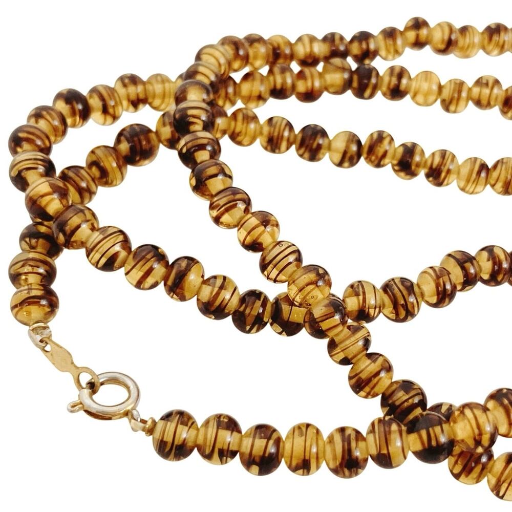 VTG Signed Vogue 50s 60s Striped Warm Amber Glass Bead Necklace 30" Matinee MCM